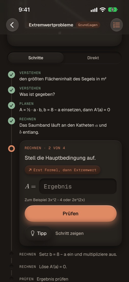 Eine Extremwertaufgabe in der App: erledigte Schritte mit Haken, der aktuelle Rechenschritt offen, darunter Lars’ Methode „Erst Formel, dann Extremwert“.