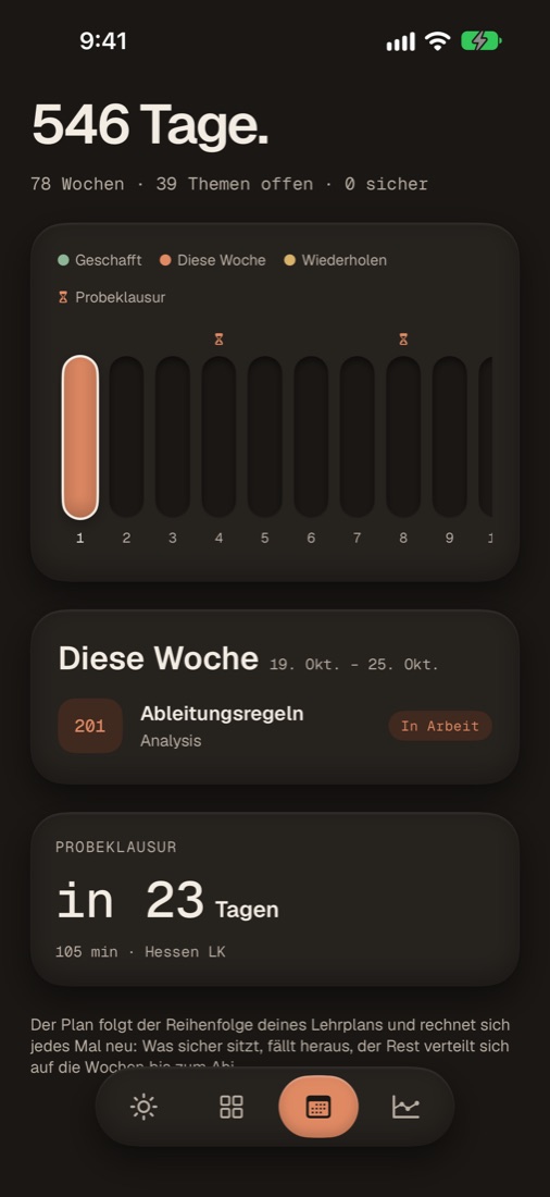 Der Lernplan in der App: die Wochen bis zum Abi als Säulen, diese Woche markiert, darunter die nächste Probeklausur.