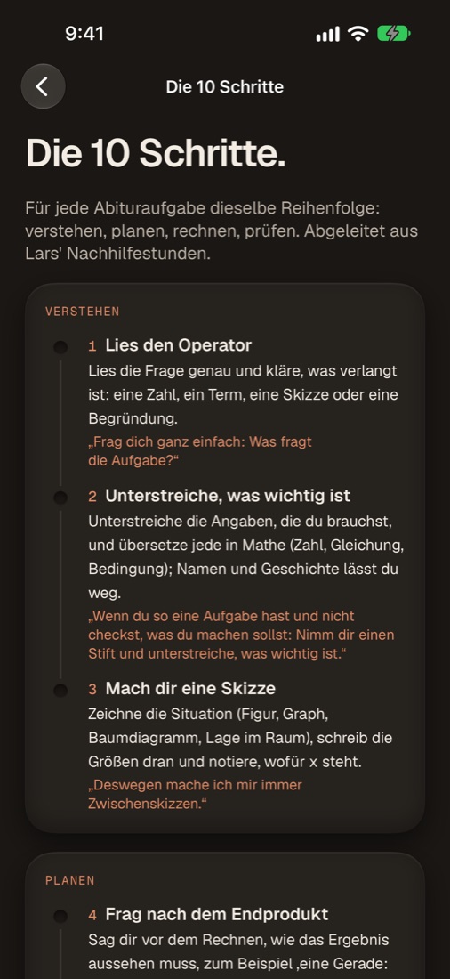 Die 10 Schritte in der App: eine Routine für jede Aufgabe in vier Phasen – Verstehen, Planen, Rechnen, Prüfen.